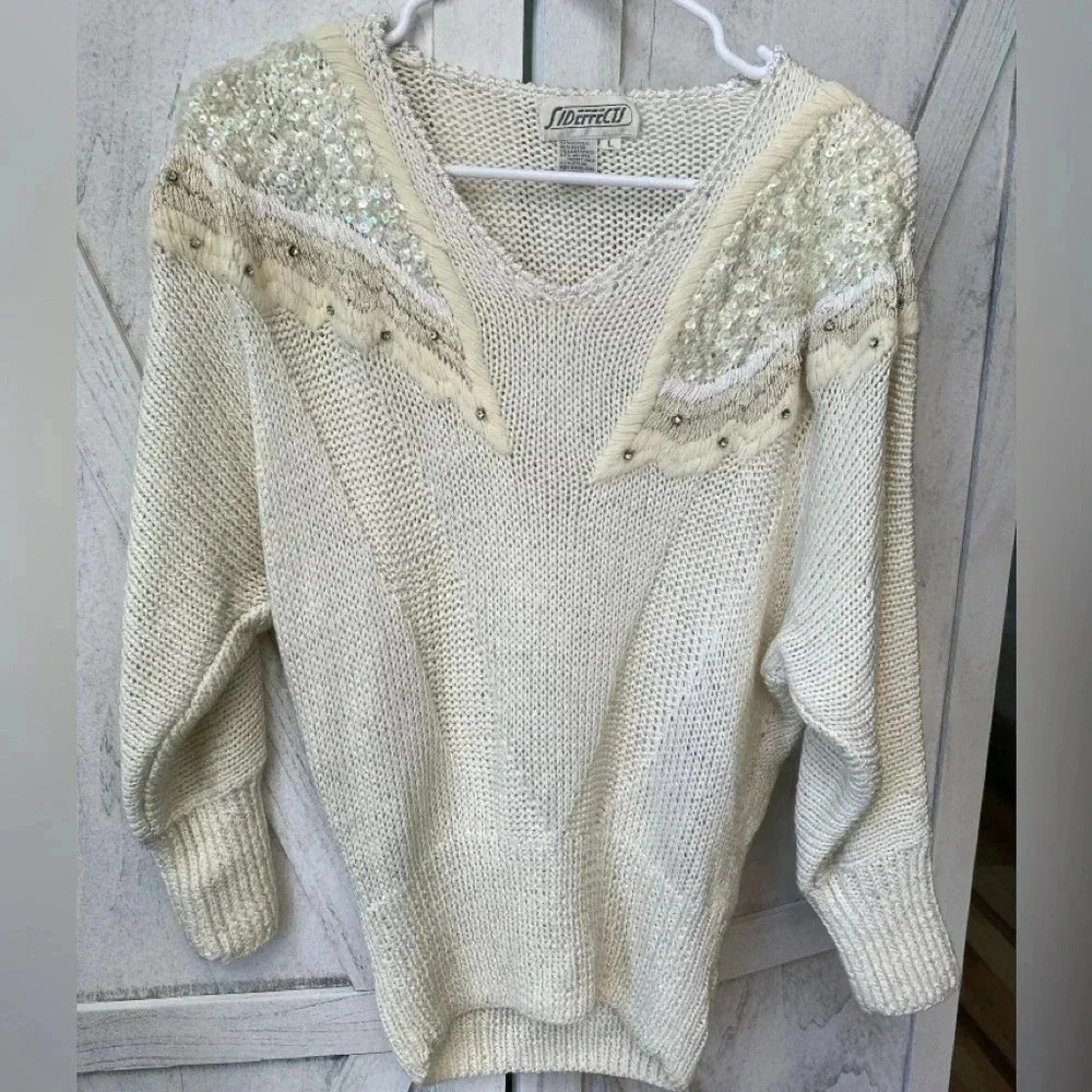 Vintage Side Effects Lambswool Angora Sweater Beading Sequins Size L